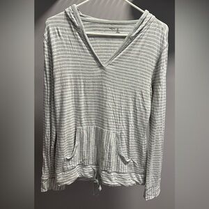GAPBODY size SMALL, gray & white, long sleeved hooded sweatshirt.